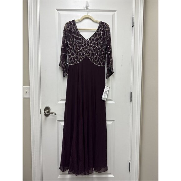 J Kara Womens Size 6 Burgundy Embellished Empire-Waist Maxi Gown Cocktail Dress - Picture 5 of 12